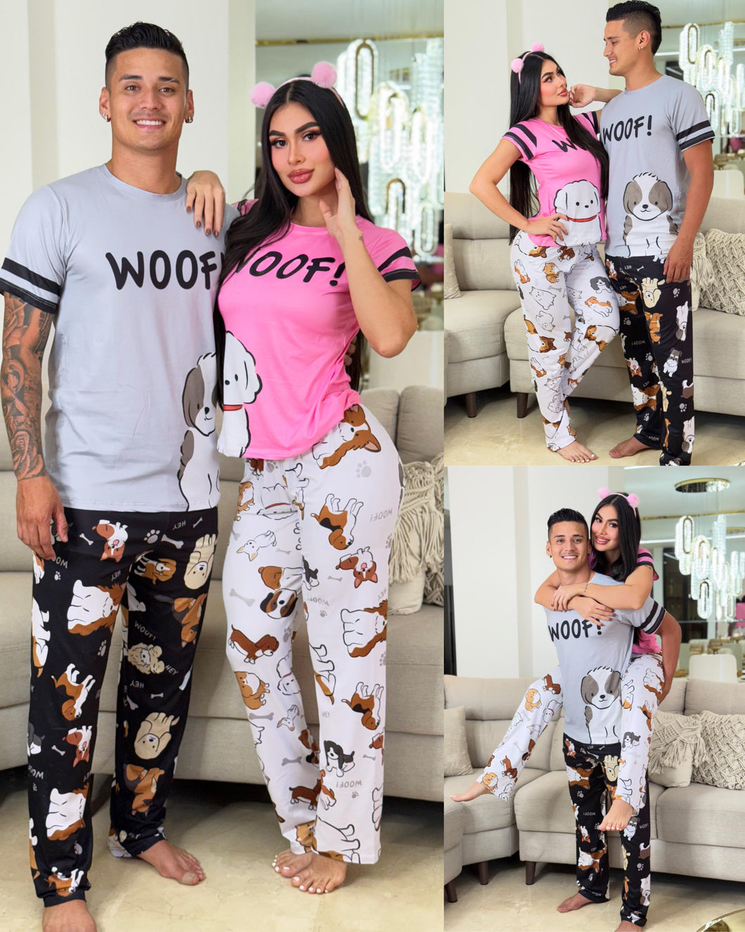 Combo Pareja (2 Pijamas Dama y Caballero Perritos WOOF)